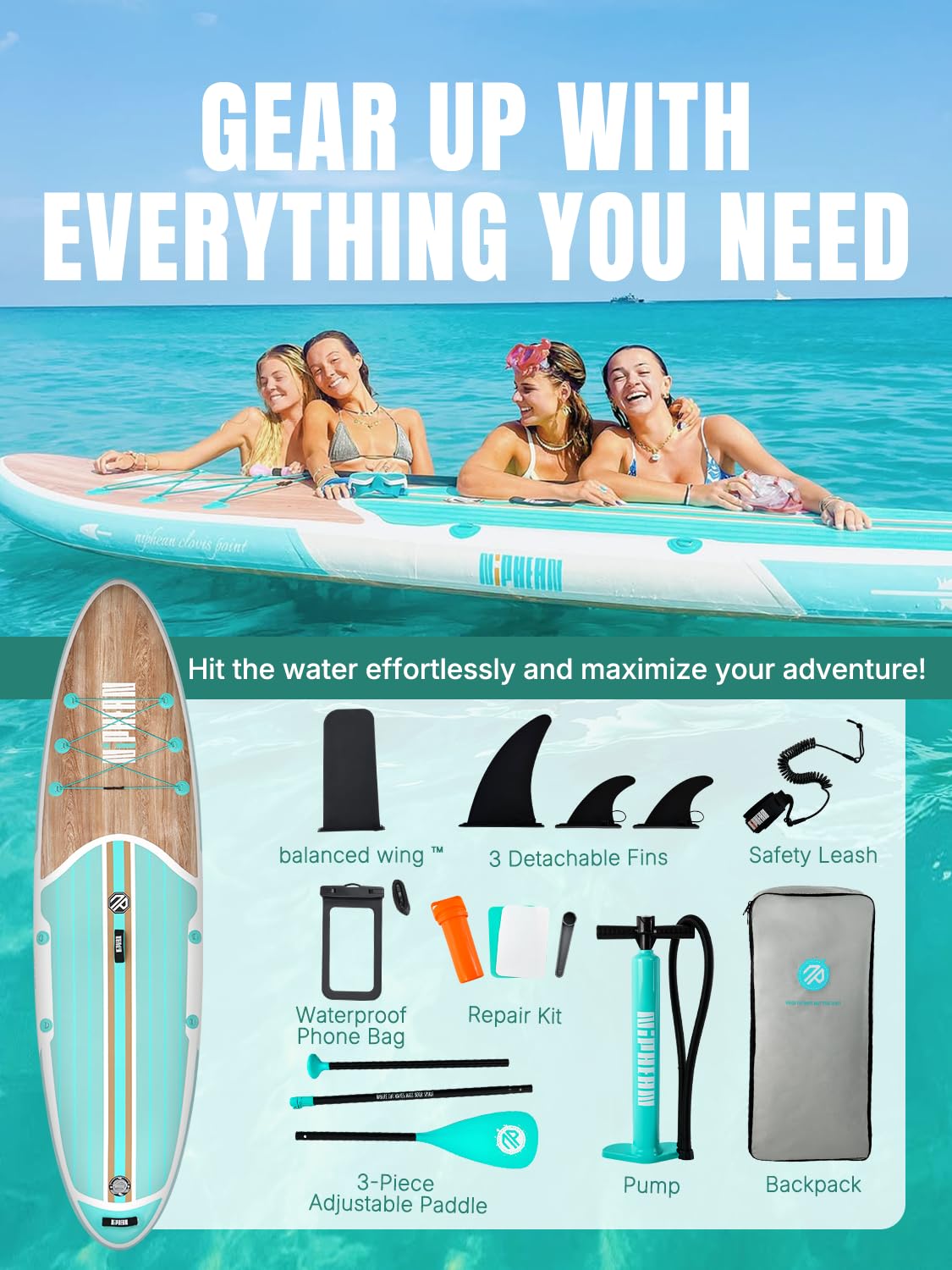 Inflatable Stand Up Paddle Board – 10’6” with StabilTrac Fin, Anti-Slip EVA Deck, Complete SUP Accessory Kit – For Adults & Youth – Mint Timber
