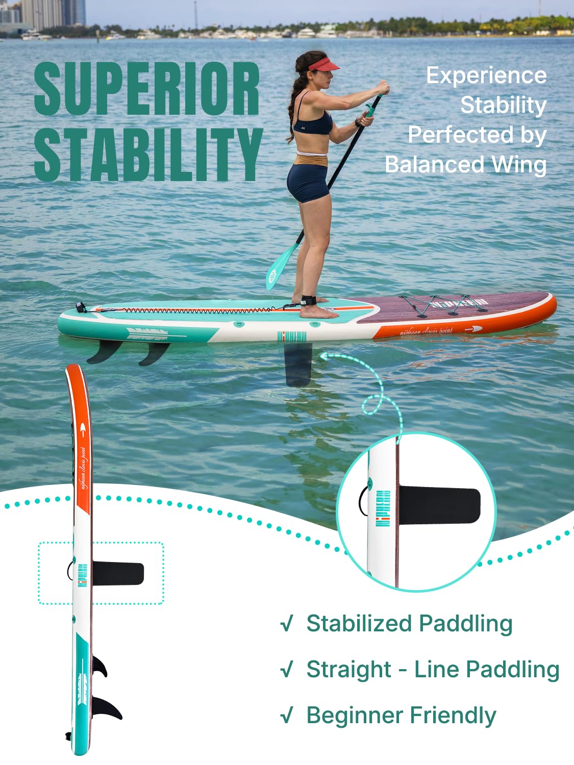 Inflatable Stand Up Paddle Board – 10’6” with StabilTrac Fin, Anti-Slip EVA Deck, Complete SUP Accessory Kit – For Adults & Youth – Mint Timber