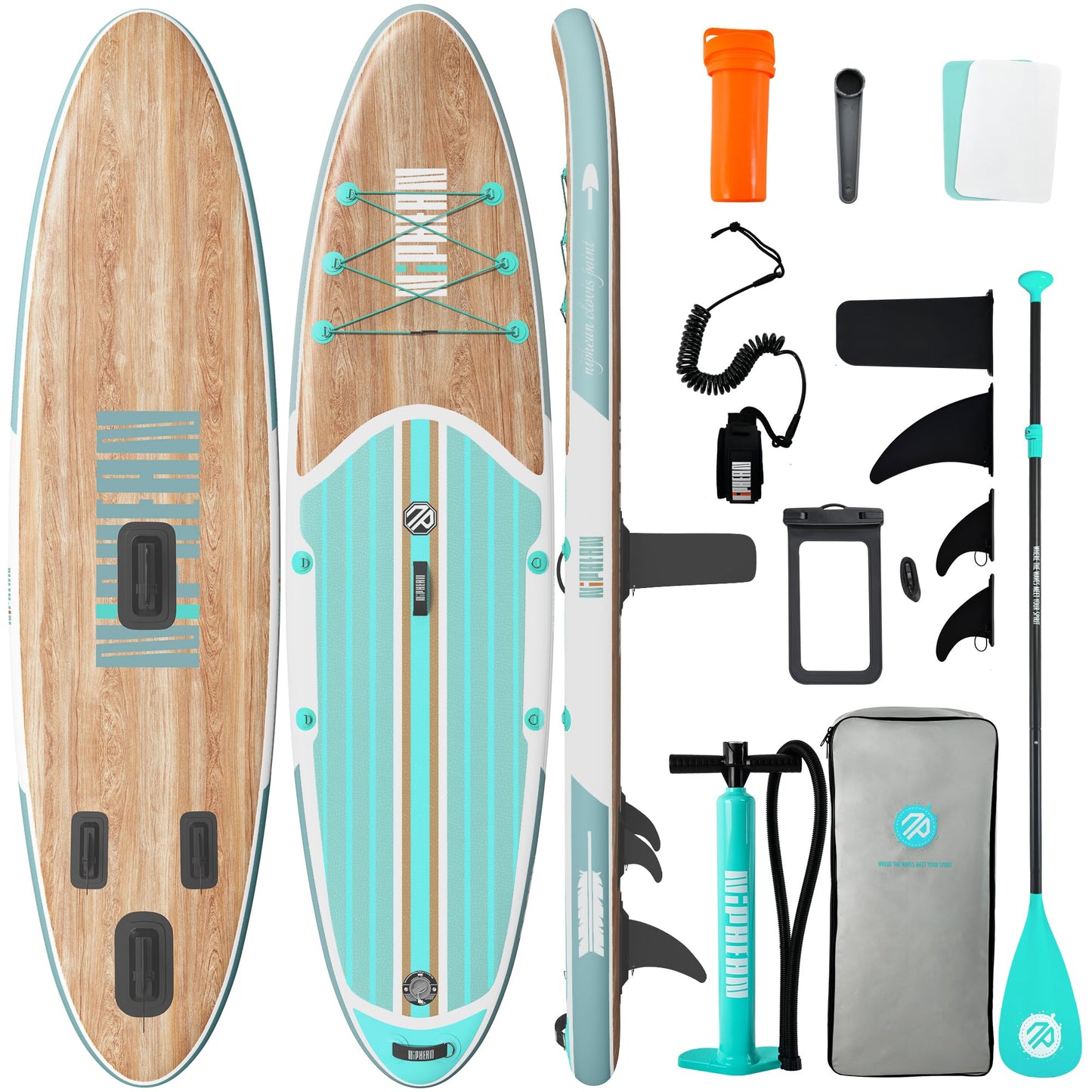 Inflatable Stand Up Paddle Board – 10’6” with StabilTrac Fin, Anti-Slip EVA Deck, Complete SUP Accessory Kit – For Adults & Youth – Mint Timber
